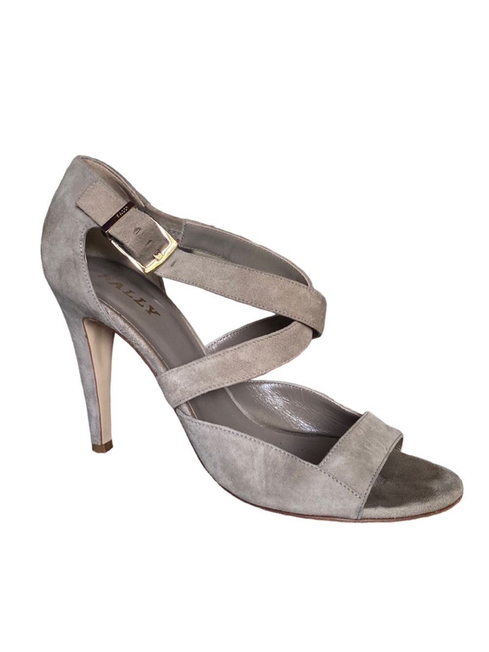Bally Amarea Taupe Gray Suede Open Toe Strappy Heels Designer Italy EU 39 US 8.5